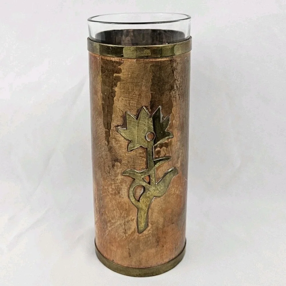 Hammered Copper Vase Applied Brass Flower Vintage Folk Art Arts & Crafts